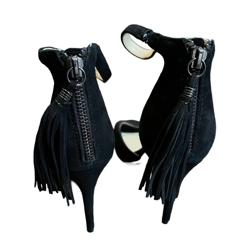 Women’s Botkier Peep Toe Heels Size 8 Black Suede Zip Back Tassels